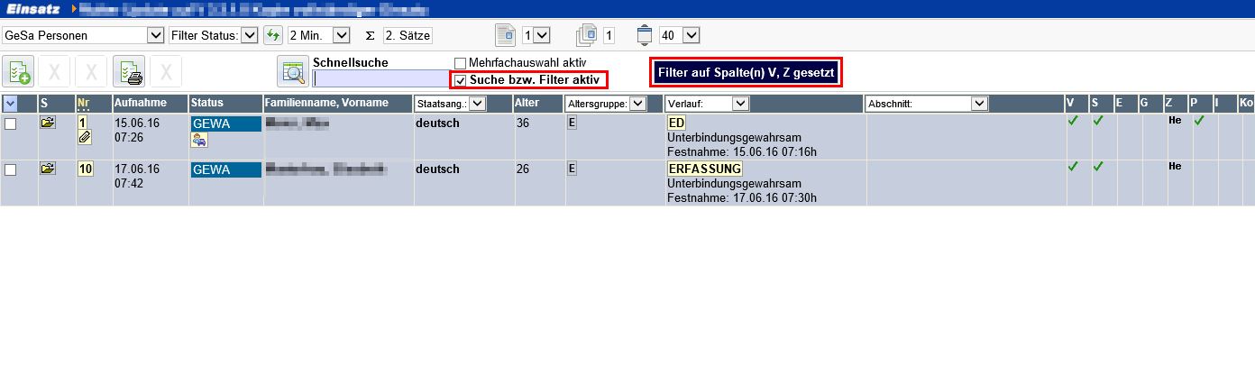 GeSa-Liste mit aktivem Filter